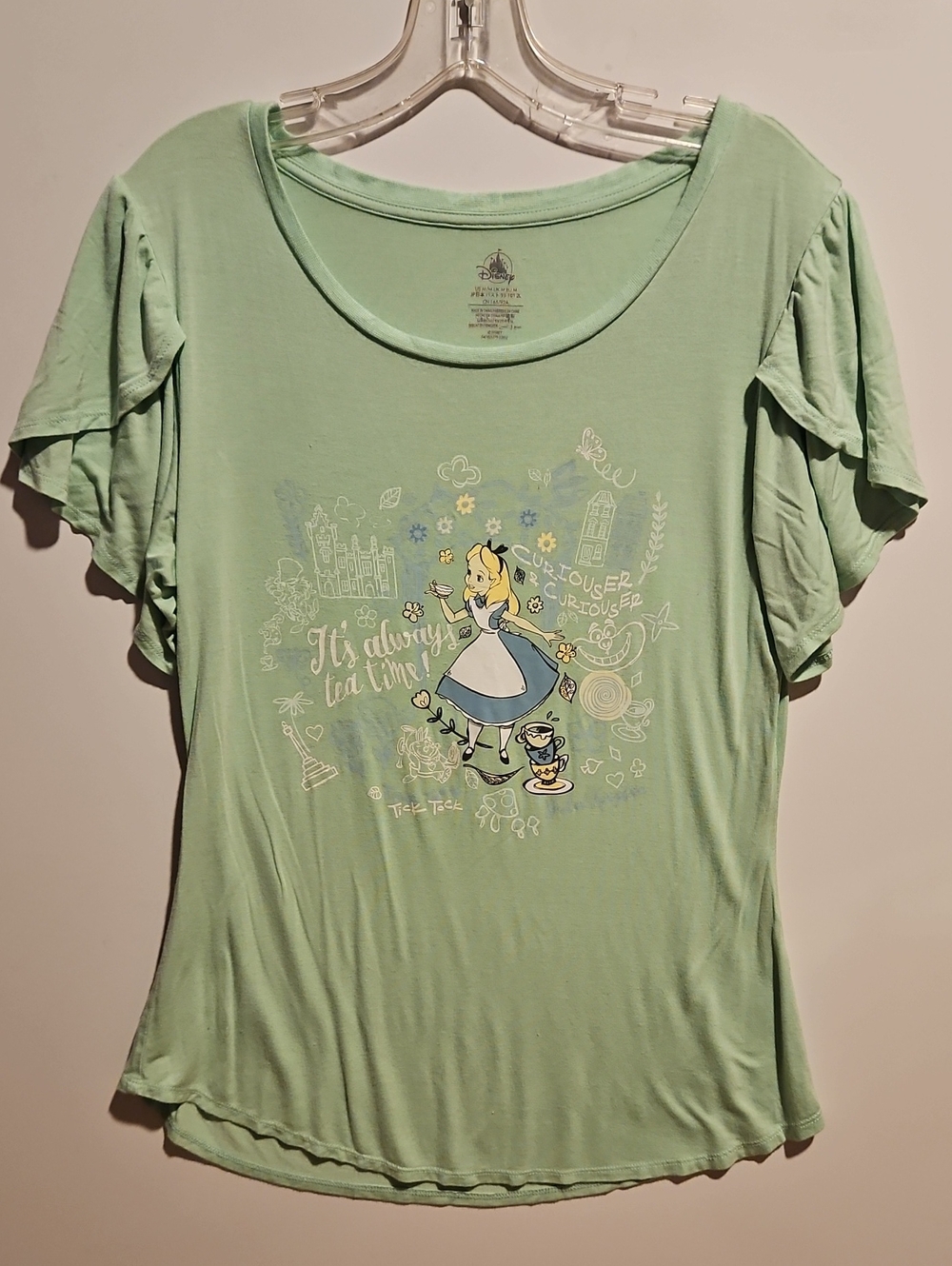 Disney Mint Green Alice in Wonderland Graphic Tee with Flutter Sleeves Medium
